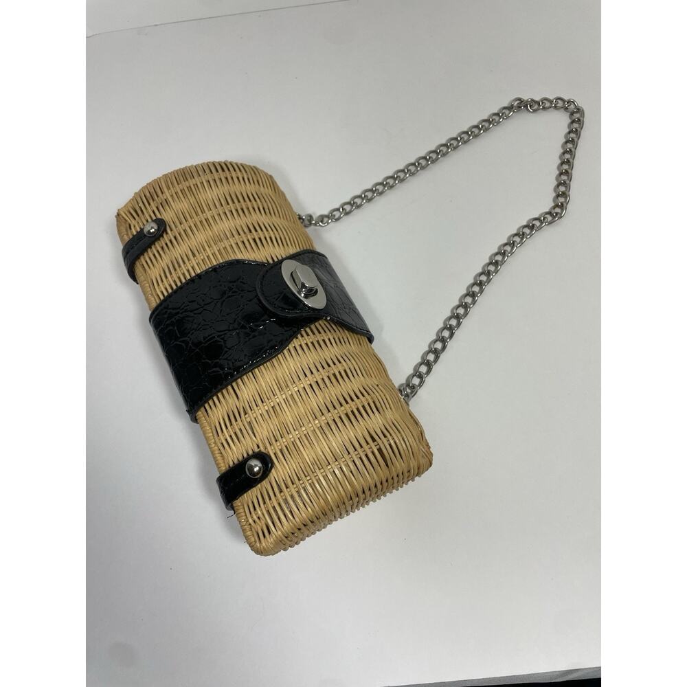 Vintage Straw Clutch Natural W Black & Silver Hardware Purse Bag w chain